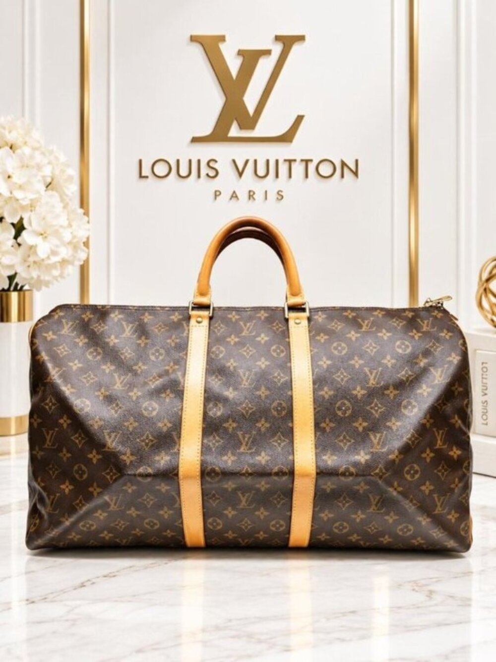 Authentic Louis Vuitton Keepall 55 Monogram Canvas Duffle Travel Bag Brown